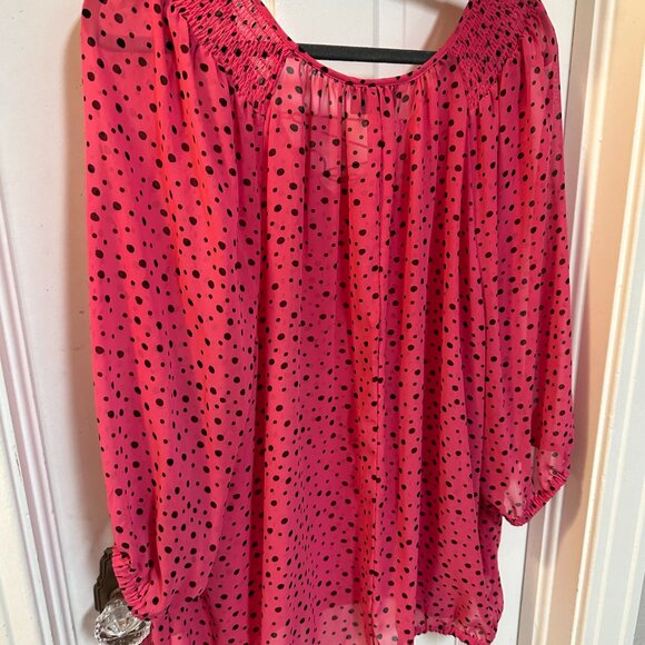 Lane Bryant Pink Sheer Blouse with Black Polka Dot Design and Roped V-neck-18/20 - Picture 4 of 4